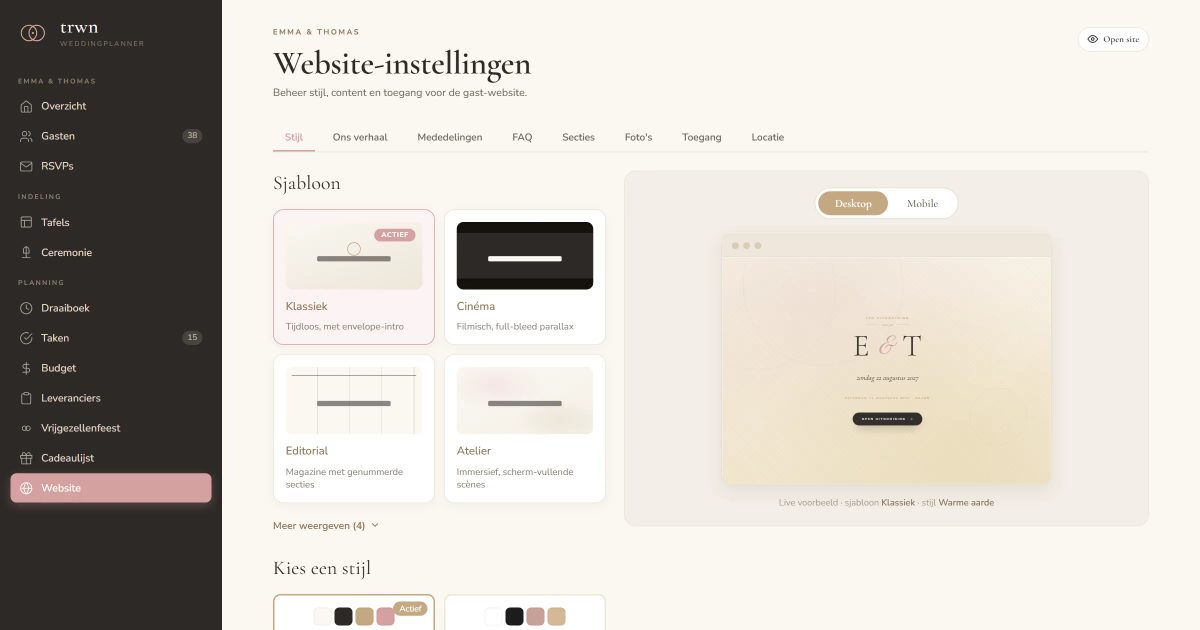 Instellingen van een trouwwebsite: sjabloon en stijl kiezen, met secties voor verhaal, FAQ en foto's