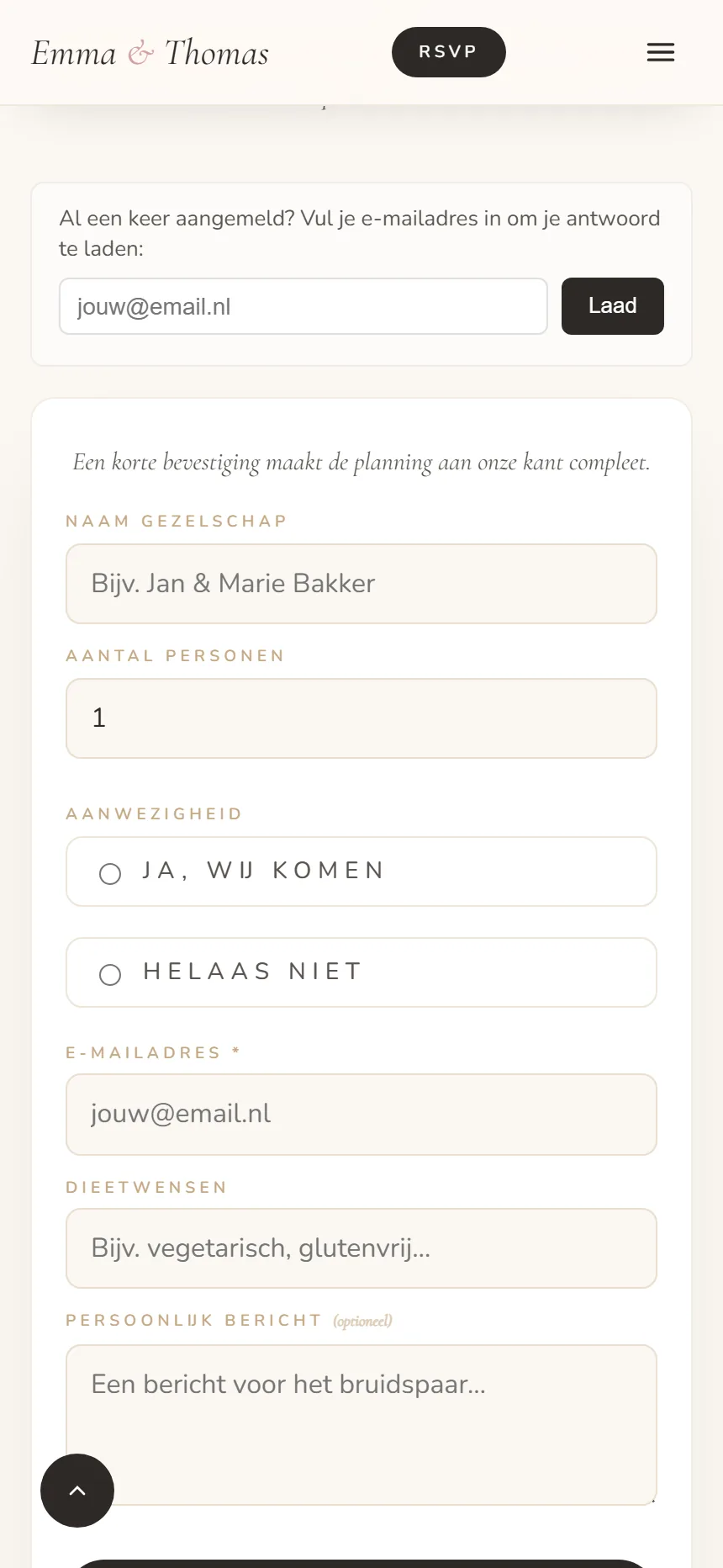 RSVP-formulier op de trouwwebsite