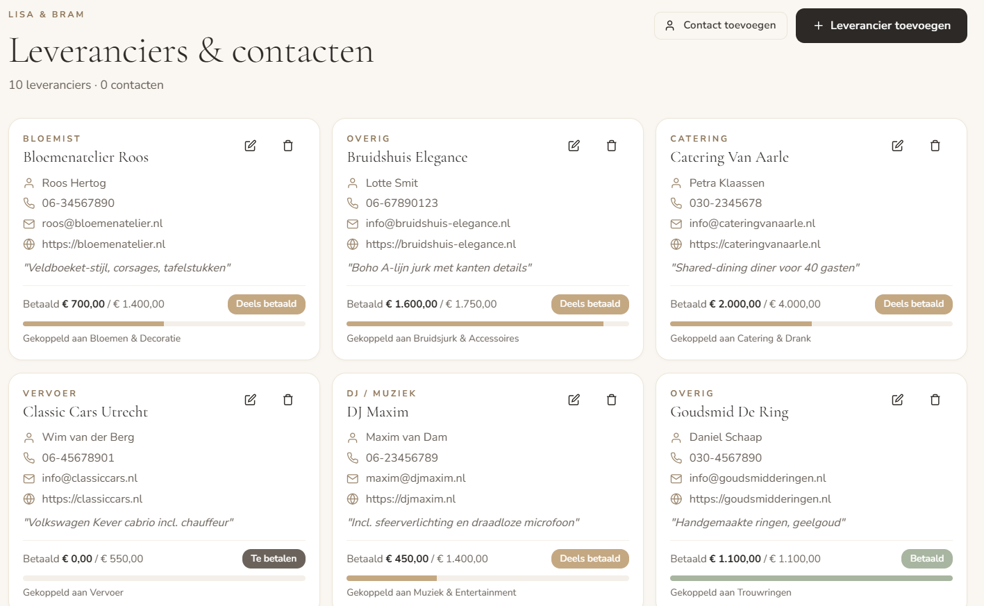 Leveranciers en contacten met betaalstatus